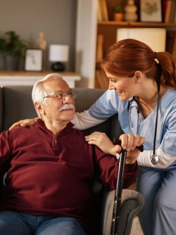 caregiver chatting with man