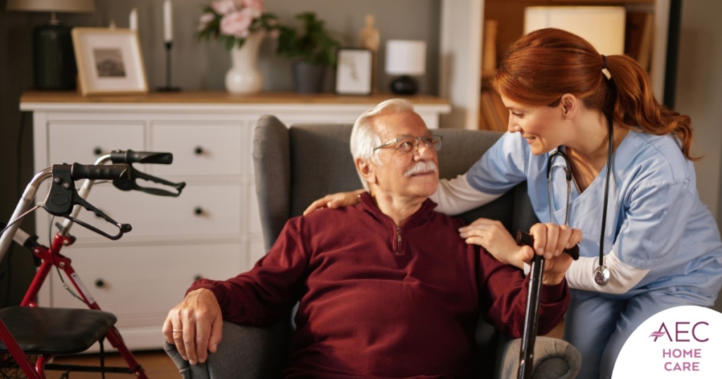 A caregiver helping a woman with a walker make her senior home safer.
