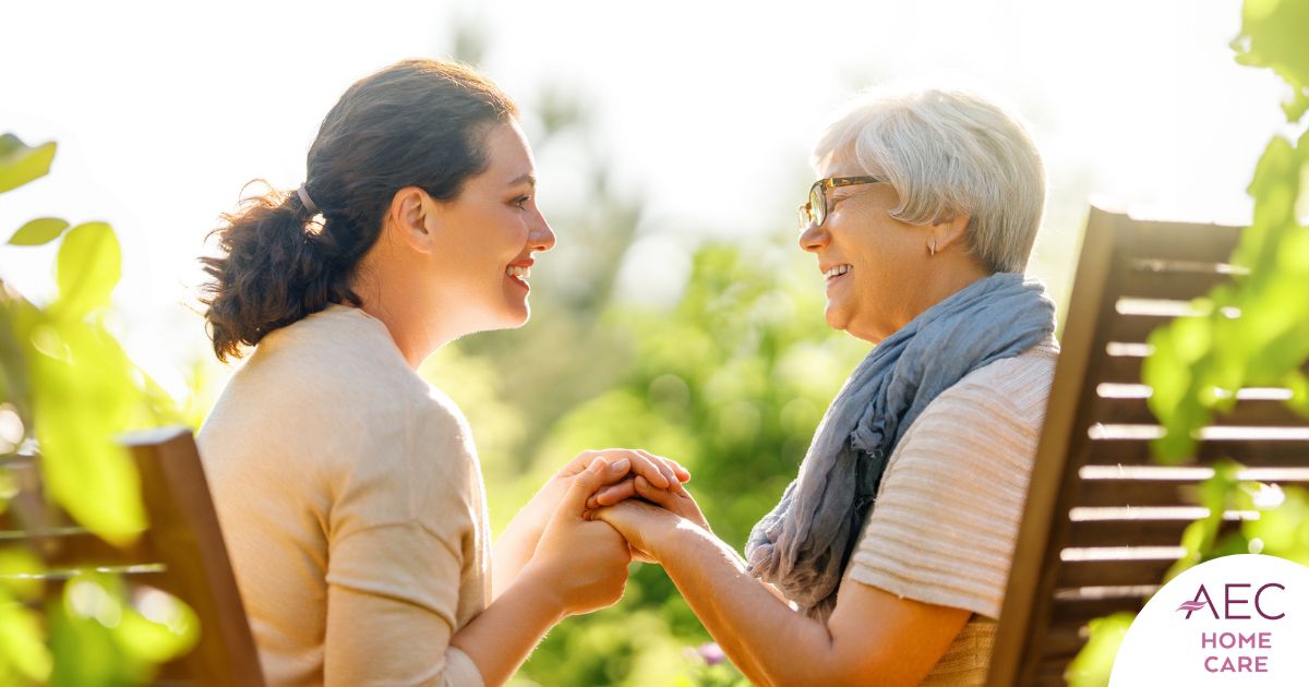Caregiver provides at home senior services to an elderly loved one