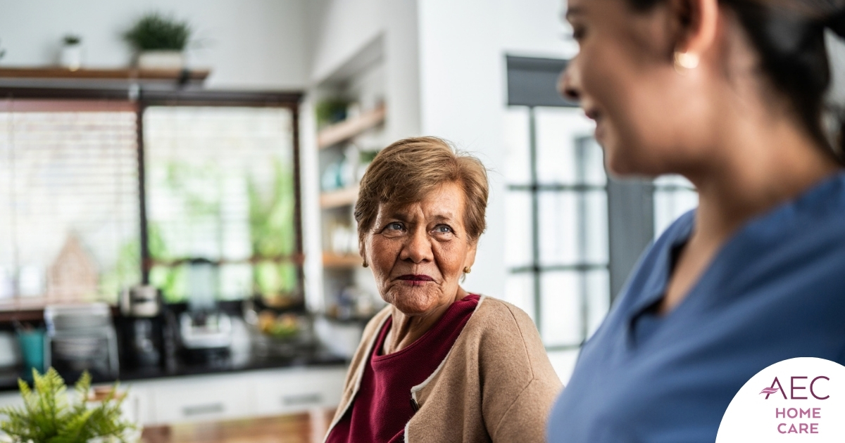 Caregiver provides attentive senior care as part of diabetes awareness